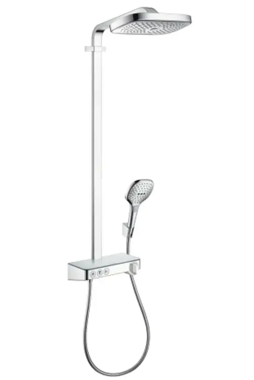 Moderne Showerpipe mit großer Kopfbrause und Handbrause, ausgestattet mit Reglern für Temperatur und Wasserdurchfluss, in verchromtem Design.